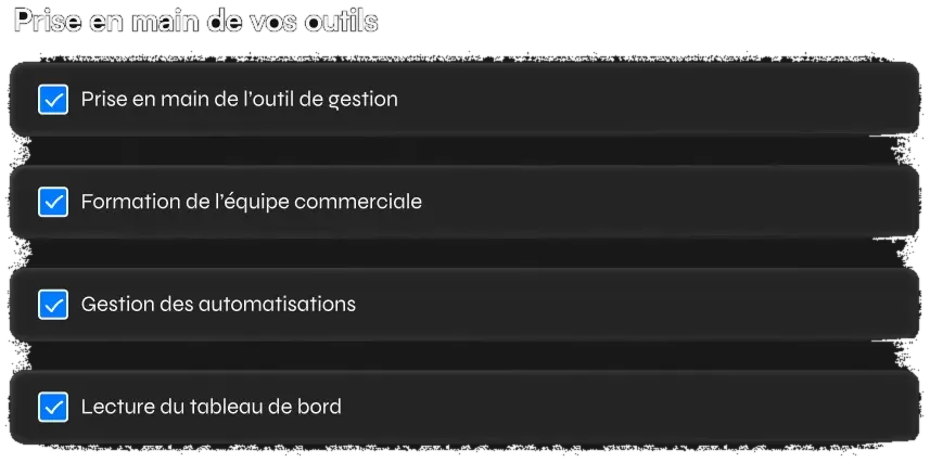 Liste de prise en main : outil de gestion, formation de l'équipe, gestion des automatisations et lecture du tableau de bord