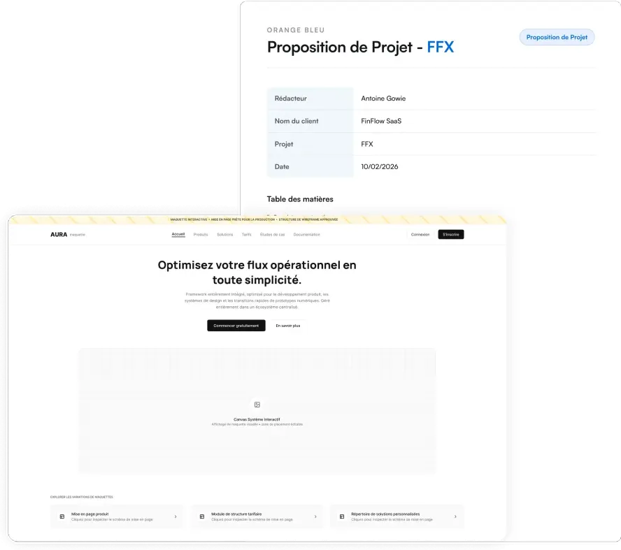 Proposition de projet chiffrée posée à côté du prototype interactif de l'application