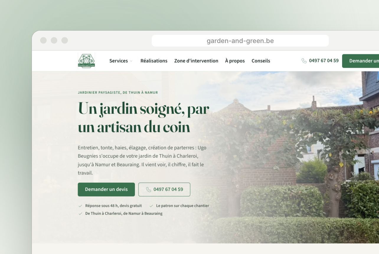 Page d'accueil du site de Garden and Green, jardinier paysagiste de Thuin à Namur