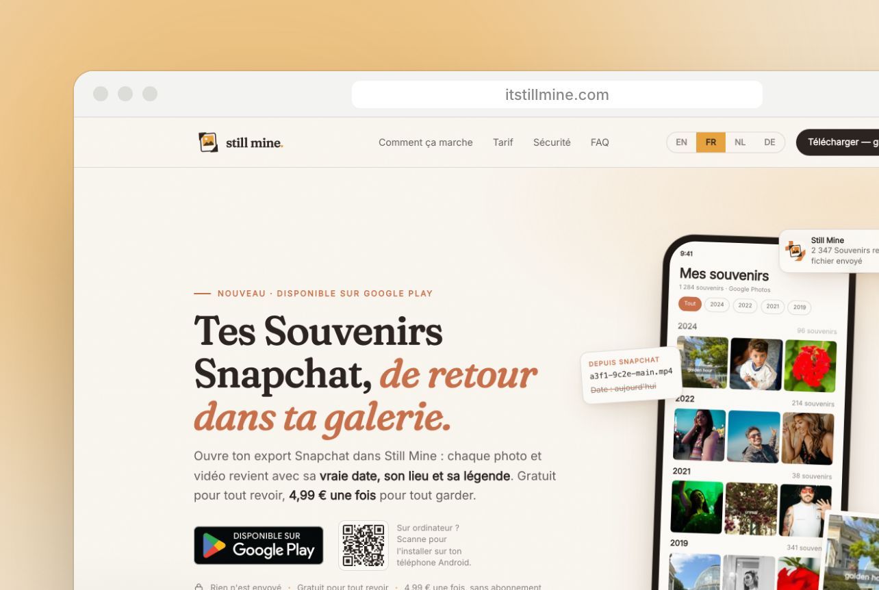 Page d'accueil d'itstillmine.com, avec l'application It's Still Mine sur téléphone