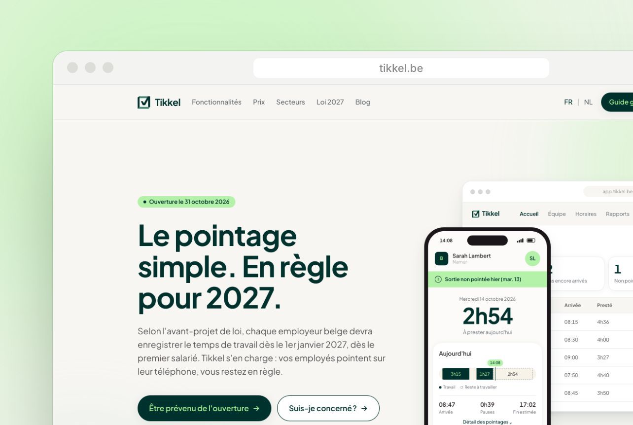 Page d'accueil de tikkel.be, avec le tableau de bord et l'application mobile de pointage