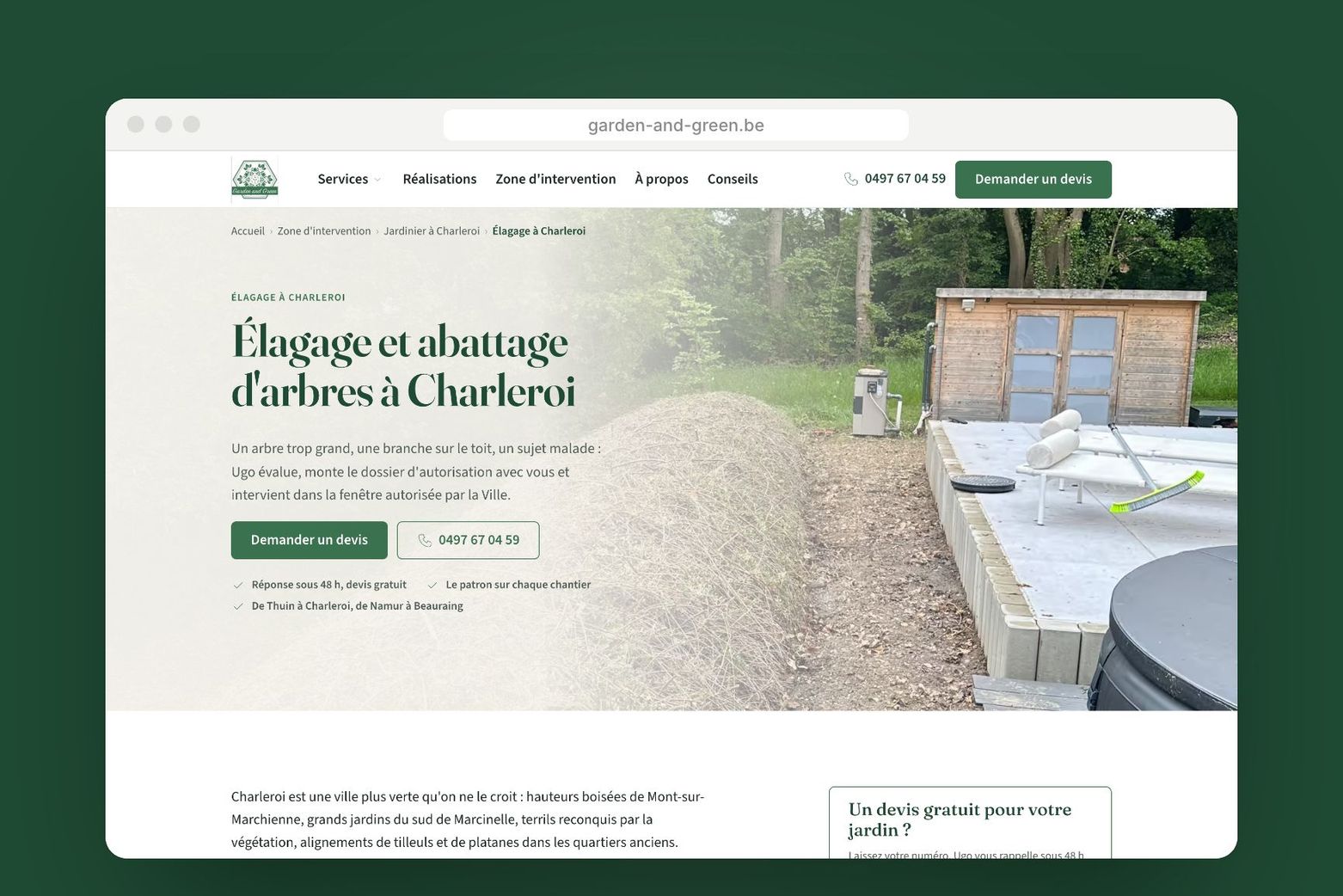 La page Élagage et abattage d'arbres à Charleroi