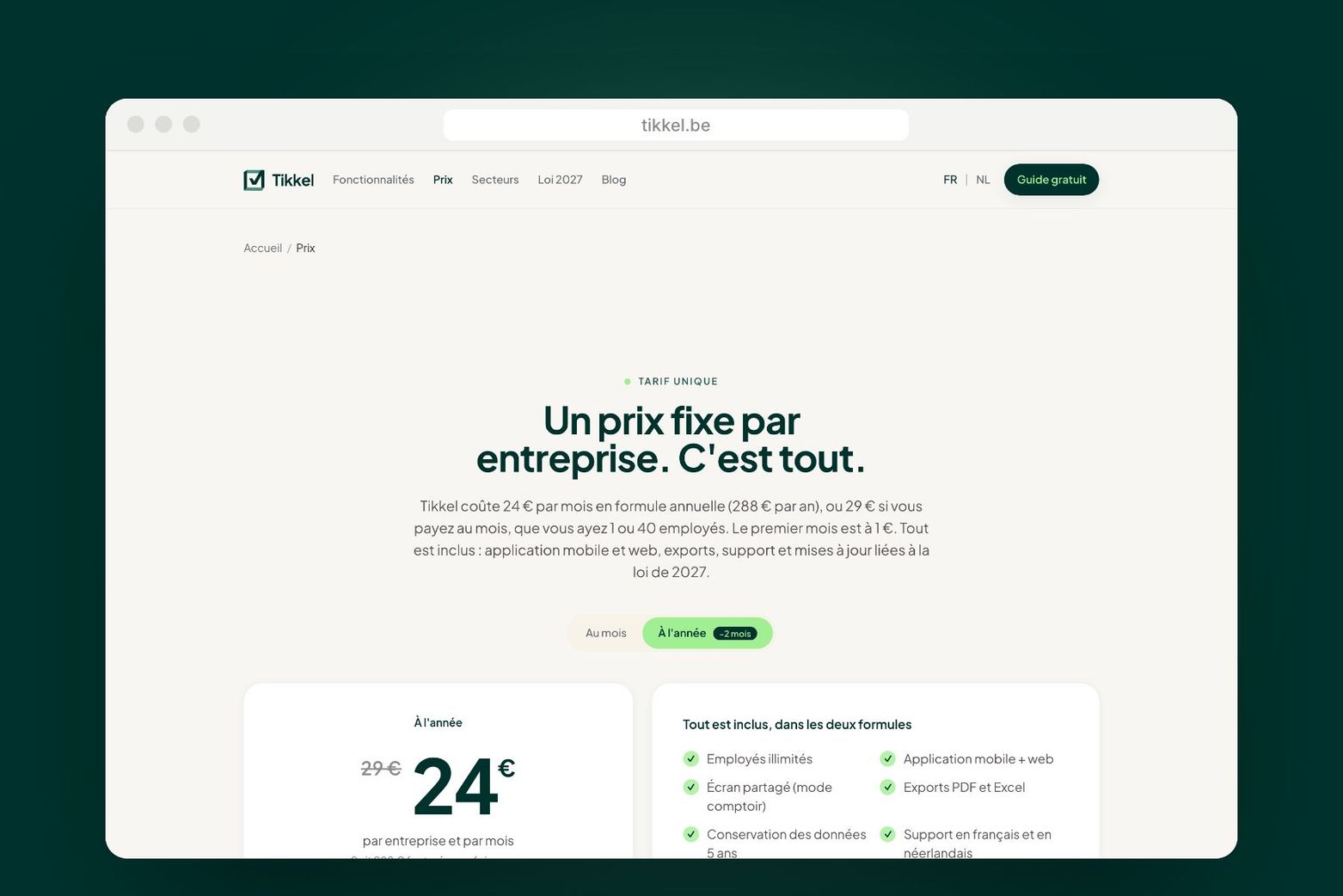 La page des prix de Tikkel : un prix fixe par entreprise