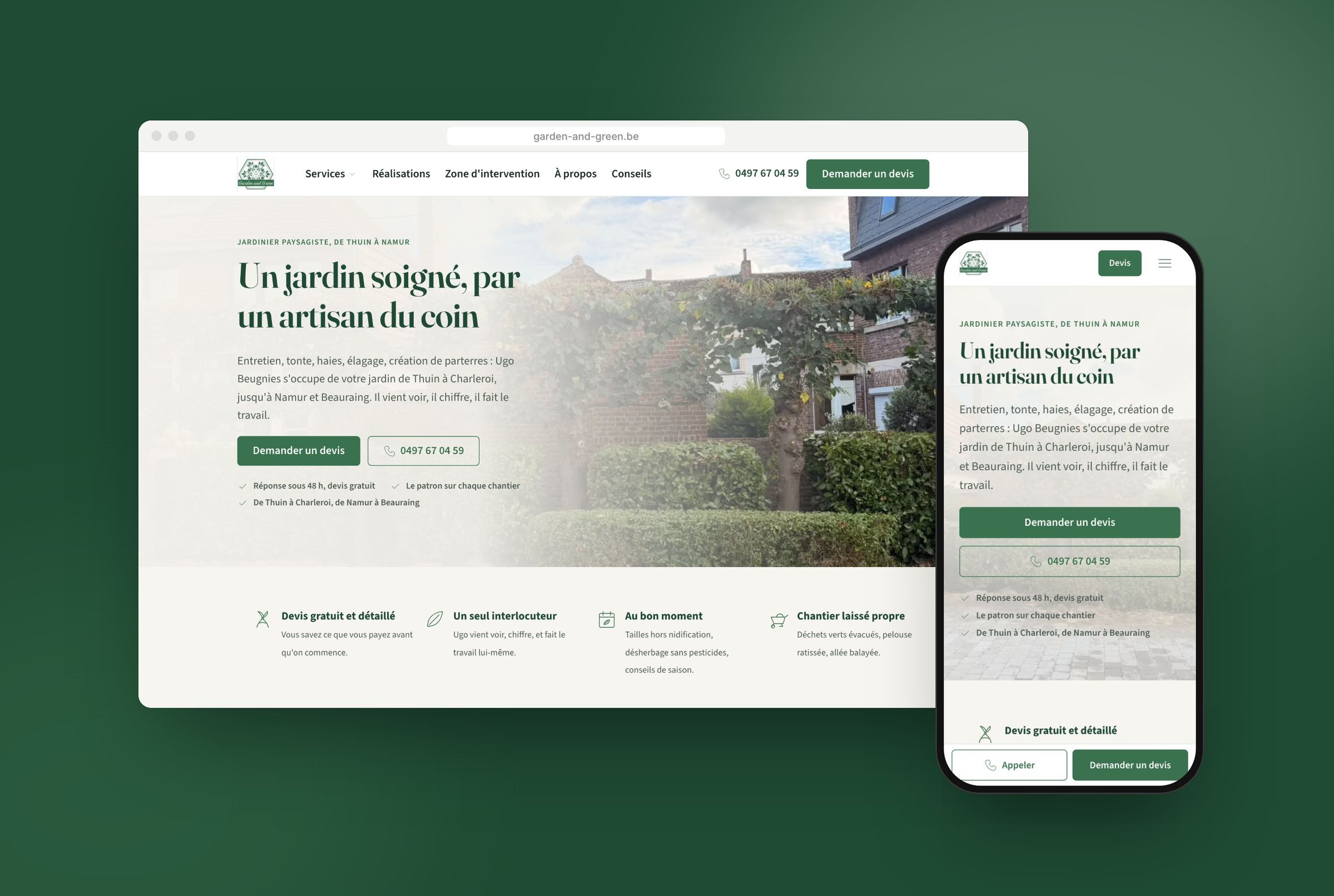 Le site de Garden and Green sur ordinateur et sur téléphone