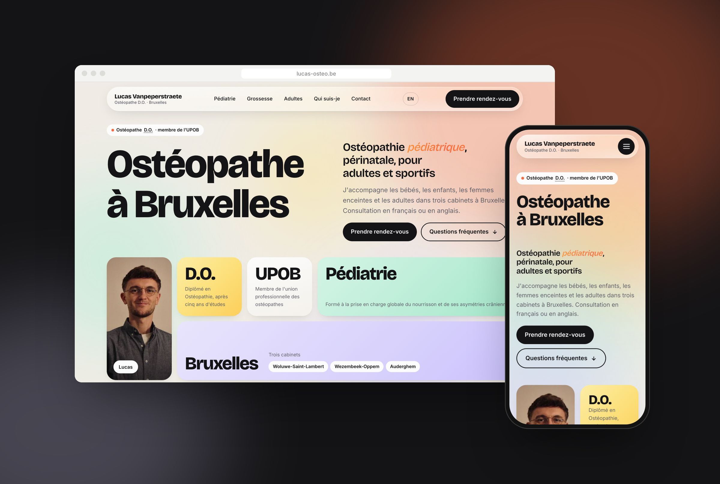 Le site de Lucas Osteo sur ordinateur et sur téléphone