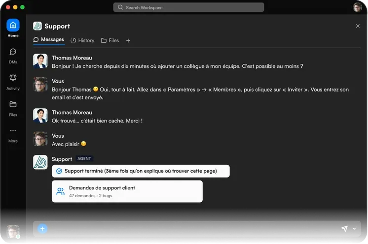 Fil de discussion d'un support client où la même question sur l'invitation d'un collègue revient pour la troisième fois